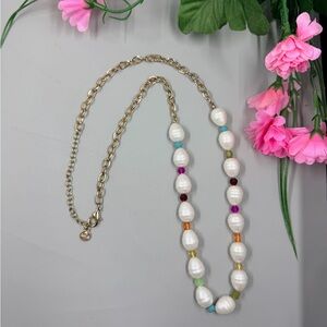 Bella Jack Signed Gold Chain Pearl Necklace with Multicolor Crystal Beads